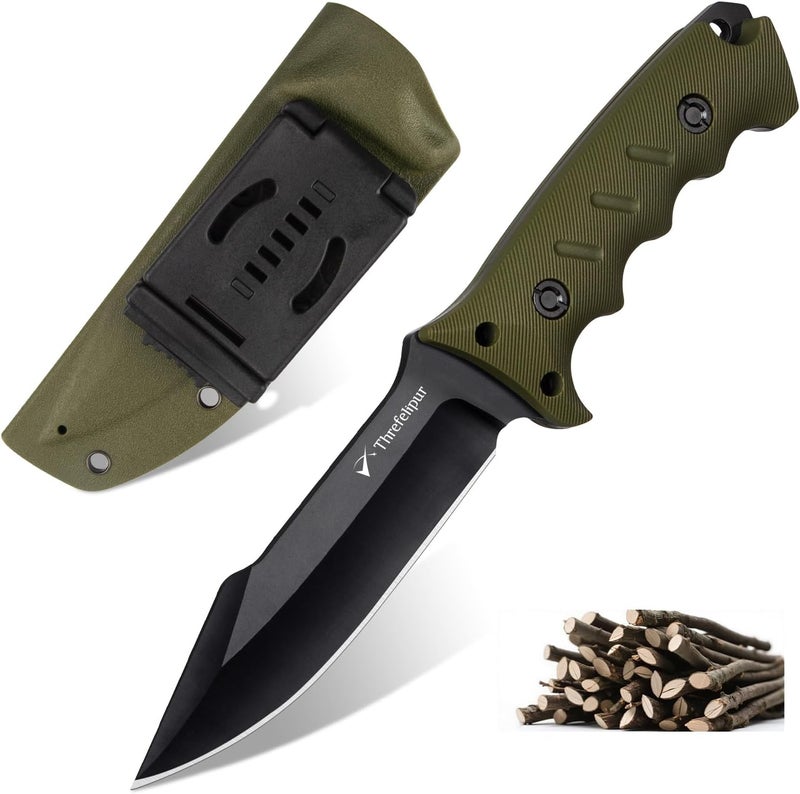 Threfelipur Camping Knife for Men, D2 Steel Fixed Blade Tactical Survival Knife with Sheath - Compact & Portable for Outdoor Hiking, Bushcraft, G10 Handle - Green - Image 1